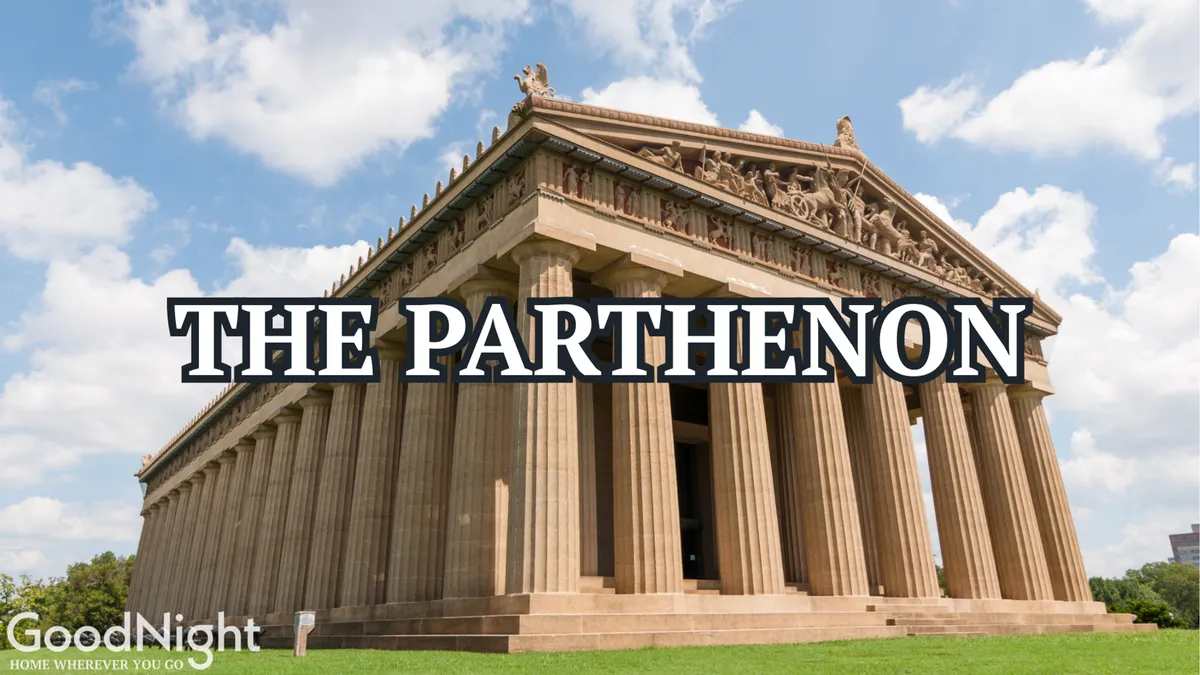 This exterior image showcases the iconic Parthenon structure in Centennial Park, with its grand columns and classical frieze clearly visible. The spacious green area around the Parthenon suggests room for outdoor activities and family exploration.